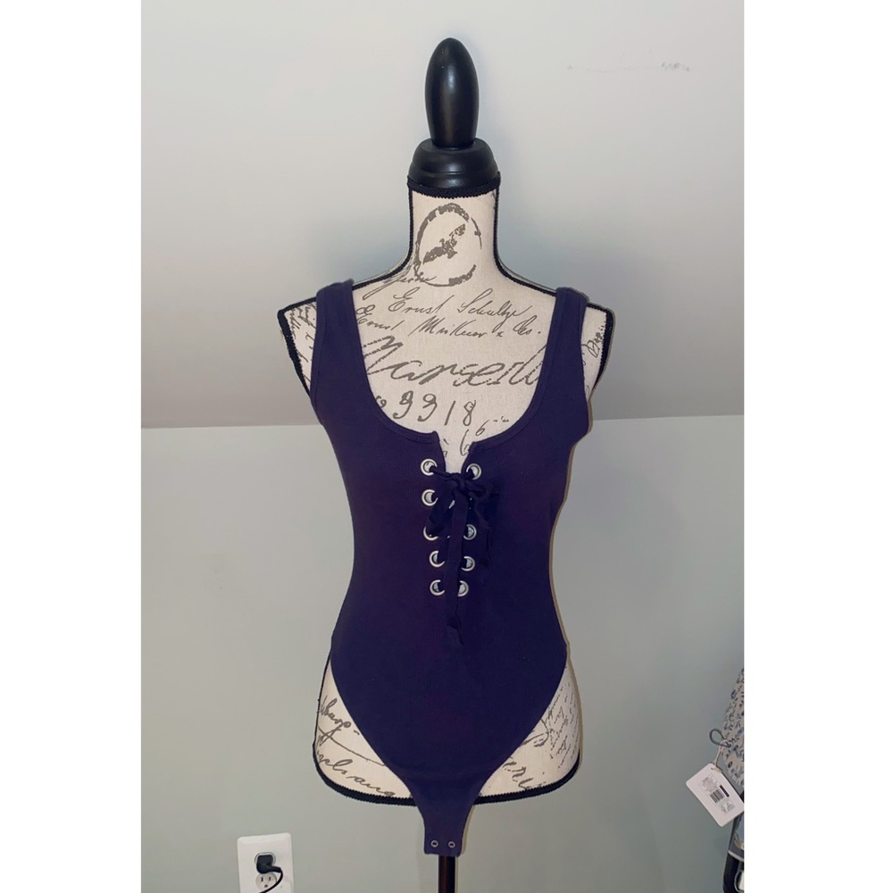 Forever 21 Navy Blue Lace Up Front Ribbed Bodysuit